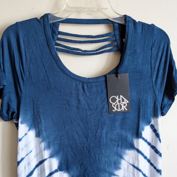 Chaser Cool Jersey S/S Strappy Drape Back Tie Dye White Blue Dress Medium - Picture 8 of 13